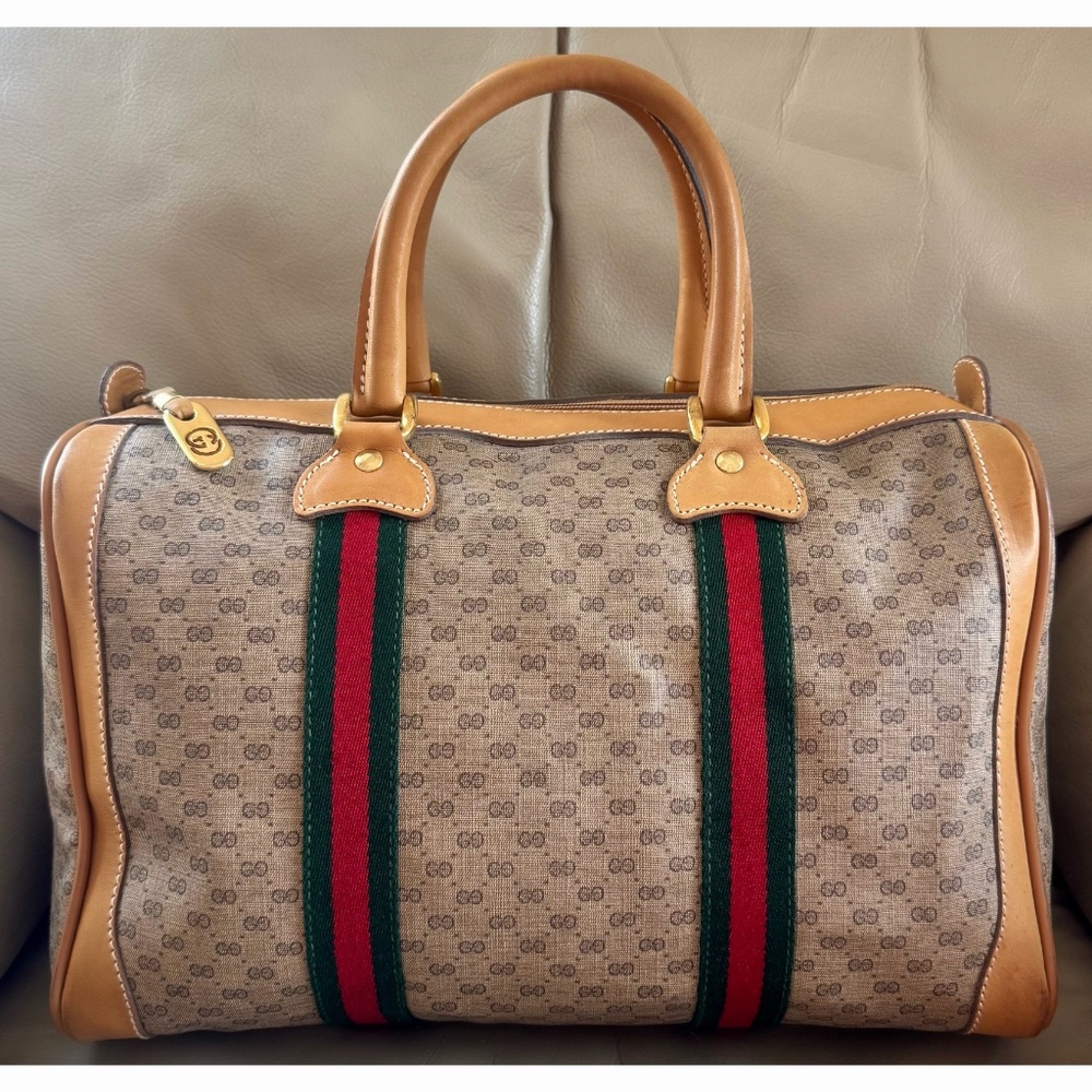 Certified Authentic Vintage Gucci Boston Web Micro GG Canvas Tan Leather Bag